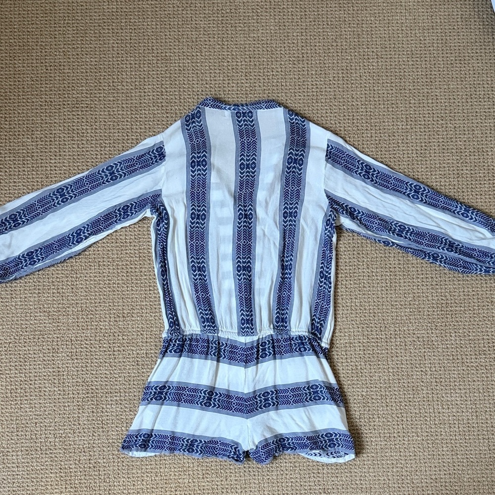 Bindu Blue White Boho Romper Embroidered Tassel Drawstring M Pockets - Picture 5 of 7